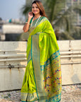 Parrot Green Maharashtrian Paithani Silk Zari Woven Nath Contrast Saree