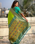 Parrot Green Maharashtrian Paithani Silk Zari Woven Nath Contrast Saree