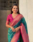 Peacock Blue Maharashtrian Paithani Silk Zari Woven Nath Contrast Saree