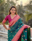 Peacock Blue Maharashtrian Paithani Silk Zari Woven Nath Contrast Saree