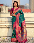 Peacock Blue Maharashtrian Paithani Silk Zari Woven Nath Contrast Saree