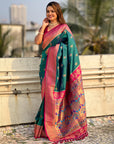 Peacock Blue Maharashtrian Paithani Silk Zari Woven Nath Contrast Saree