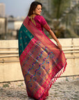 Peacock Blue Maharashtrian Paithani Silk Zari Woven Nath Contrast Saree