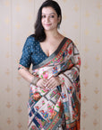 Dark Blue Tussar Silk Detailed Kalamkari Figure Printed Saree with Zari Woven Border