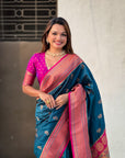 Dark Blue Maharashtrian Paithani Silk Zari Woven Nath Contrast Saree