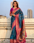 Dark Blue Maharashtrian Paithani Silk Zari Woven Nath Contrast Saree