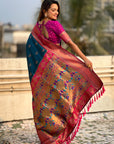 Dark Blue Maharashtrian Paithani Silk Zari Woven Nath Contrast Saree
