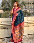 Dark Blue Maharashtrian Paithani Silk Zari Woven Nath Contrast Saree