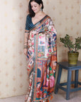 Dark Blue Tussar Silk Detailed Kalamkari Figure Printed Saree with Zari Woven Border