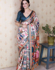 Dark Blue Tussar Silk Detailed Kalamkari Figure Printed Saree with Zari Woven Border