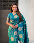 Peacock Blue Soft Silk Dual Zari Woven Saree with Peacock Border