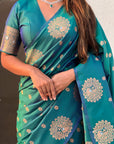 Peacock Blue Soft Silk Dual Zari Woven Saree with Peacock Border