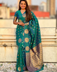 Peacock Blue Soft Silk Dual Zari Woven Saree with Peacock Border