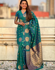 Peacock Blue Soft Silk Dual Zari Woven Saree with Peacock Border