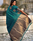 Peacock Blue Soft Silk Dual Zari Woven Saree with Peacock Border