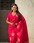 Pink Soft Silk Dual Zari Woven Saree with Peacock Border