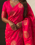 Pink Soft Silk Dual Zari Woven Saree with Peacock Border