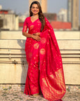 Pink Soft Silk Dual Zari Woven Saree with Peacock Border