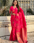Pink Soft Silk Dual Zari Woven Saree with Peacock Border