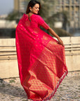Pink Soft Silk Dual Zari Woven Saree with Peacock Border