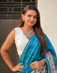 Turquoise Blue Katki Silk Kalamkari Printed Saree with Zari Woven Border