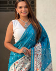 Turquoise Blue Katki Silk Kalamkari Printed Saree with Zari Woven Border