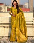 Mehendi Green Soft Silk Dual Zari Woven Saree with Peacock Border