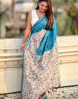 Turquoise Blue Katki Silk Kalamkari Printed Saree with Zari Woven Border