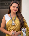 Gold Katki Silk Kalamkari Printed Saree with Zari Woven Border