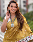 Gold Katki Silk Kalamkari Printed Saree with Zari Woven Border