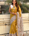 Gold Katki Silk Kalamkari Printed Saree with Zari Woven Border
