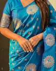 Blue Soft Silk Dual Zari Woven Saree with Peacock Border