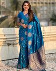 Blue Soft Silk Dual Zari Woven Saree with Peacock Border