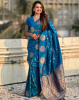 Blue Soft Silk Dual Zari Woven Saree with Peacock Border