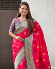 Pink Soft Silk Meenakari Sunflower Butti Zari Woven Saree