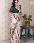 Bottle Green Tussar Silk Detailed Kalamkari Figure Printed Saree with Zari Woven Border