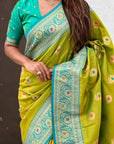 Mehendi Green Soft Silk Meenakari Sunflower Butti Zari Woven Saree