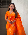 Orange Soft Silk Dual Zari Woven Saree with Peacock Border