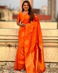 Orange Soft Silk Dual Zari Woven Saree with Peacock Border