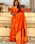 Orange Soft Silk Dual Zari Woven Saree with Peacock Border