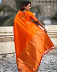 Orange Soft Silk Dual Zari Woven Saree with Peacock Border