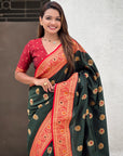 Bottle Green Soft Silk Meenakari Sunflower Butti Zari Woven Saree