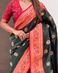 Bottle Green Soft Silk Meenakari Sunflower Butti Zari Woven Saree