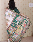 Bottle Green Tussar Silk Detailed Kalamkari Figure Printed Saree with Zari Woven Border