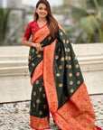 Bottle Green Soft Silk Meenakari Sunflower Butti Zari Woven Saree