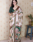 Bottle Green Tussar Silk Detailed Kalamkari Figure Printed Saree with Zari Woven Border