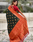 Bottle Green Soft Silk Meenakari Sunflower Butti Zari Woven Saree