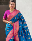 Blue Soft Silk Meenakari Sunflower Butti Zari Woven Saree