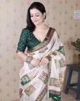 Bottle Green Tussar Silk Detailed Kalamkari Figure Printed Saree with Zari Woven Border