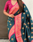 Dark Blue Soft Silk Meenakari Sunflower Butti Zari Woven Saree